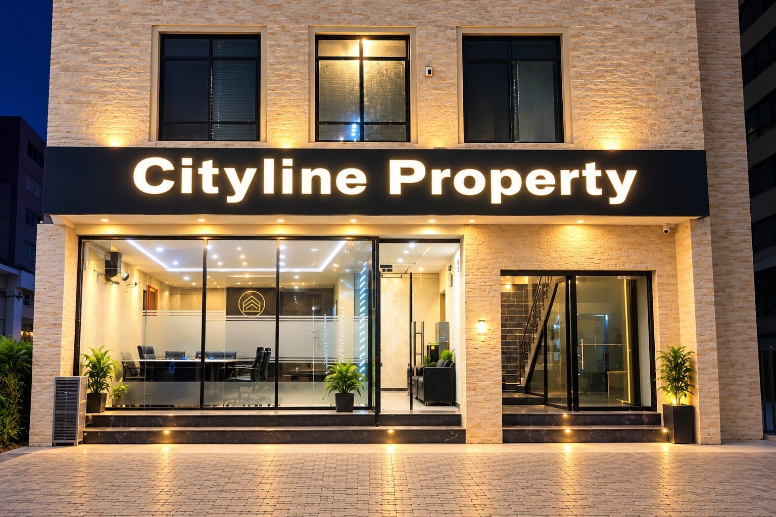 City Line Property head office at night — 151-C Etihad Town Phase 1, Lahore